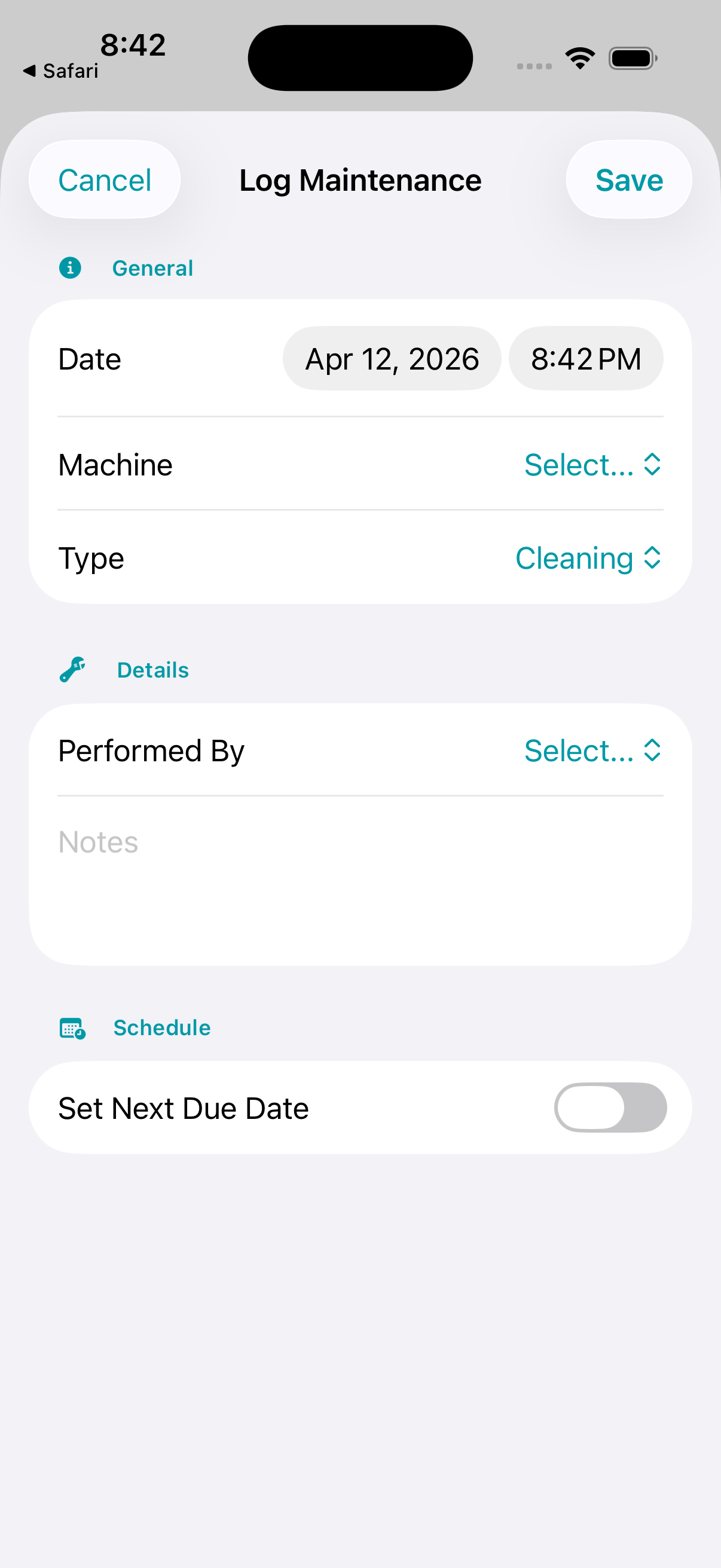 Log maintenance form